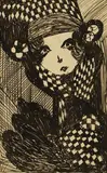 Madge Gill, Study of a woman in hat, pen and ink on postcard