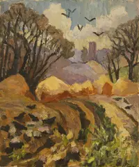 View of St Mary's Church, Kersey by Lucy Harwood, oil on canvas, sold Mar 2026