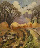 Lucy Harwood, View of St Mary's Church, Kersey, oil on canvas