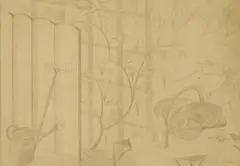 Mary Adshead, Still Life with Trellis Watering Can and Rake', circa 1930s, pencil