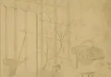 Mary Adshead, Still Life with Trellis Watering Can and Rake', circa 1930s, pencil