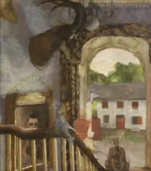 Catherine Goodman, An interior with a view of a cottage, oil on canvas