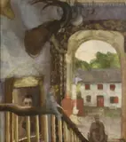 Catherine Goodman, An interior with a view of a cottage, oil on canvas