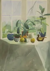 Still life with plants and fruit on a table by Karolina Larusdottir, watercolour over pencil, sold Mar 2026