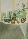 Karolina Larusdottir, Still life with plants and fruit on a table, watercolour over pencil