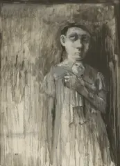 Girl with doll by Bobbie Russon, mixed media on board, sold Mar 2026