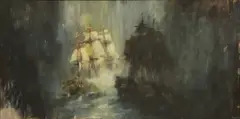 Jake Wood-Evans, Man-of-war engaged in battle, oil on canvas