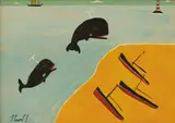 Steve Camps, Leaping whales and beach, acrylic on board