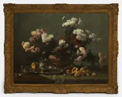 Eugène Petit, Chrysanthemums in an urn, with a silver tray and jug on a draped table, oil on canvas