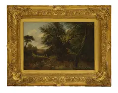Henry Hewitt, A wooded landscape with figures by a stream, oil on canvas