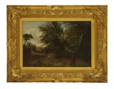 Henry Hewitt, A wooded landscape with figures by a stream, oil on canvas