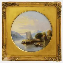 Frank N Smith, Boats moored on the banks of a lake, oil on board