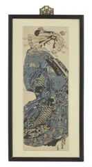 Keisai Eisen, Untitled, a woodblock print depicting a courtesan in a kimono with koi carp