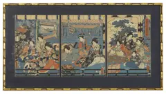 Utagawa Kunisada 'Toyokuni Iii', Untitled, a woodblock triptych print of the palace scene in the play Meiboku Sendai Hagi