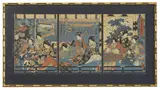 Utagawa Kunisada 'Toyokuni Iii', Untitled, a woodblock triptych print of the palace scene in the play Meiboku Sendai Hagi