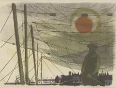 Untitled by Bernard Cheese, ‘Salmon Nets Drying’ lithograph in colours, sold Dec 2025