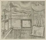 Richard Bawden, Untitled, 'Studio in the Sky: Aldeburgh from the South Tower' etching