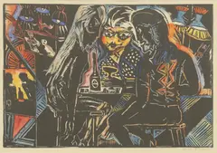 Michael Rothenstein, Untitled, 'Friends' woodcut with hand colouring