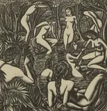 John Buckland Wright, Untitled, Bathers in a pool wood engraving