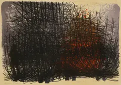 Bernard Cheese, Untitled, ‘Bonfire in a Hedgerow’ lithograph in colours