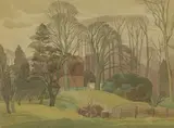 Archibald Sanderson, Untitled, Wooded garden watercolour and pencil 26 x 34cm