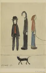 Untitled by L. S. Lowry, 'Three Men and a Cat' offset lithograph in colours, sold Dec 2025