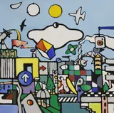 Peter Denmark, Untitled, Cityscape acrylic on canvas 92 x 92cm