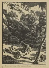 Untitled by Gwen Raverat, 'Lovers on the Mountain' wood engraving, sold Dec 2025