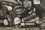 Madge Gill, Untitled, Study of a woman pen and ink on a postcard 14 x 8.5cm