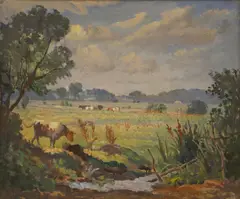 Untitled by Ethelbert White, Cattle grazing in a meadow oil on canvas 54 x 65cm, sold Dec 2025