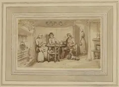 Thomas Rowlandson, Untitled, A family in an interior pen and ink and watercolour 8.4 x 14.2cm
