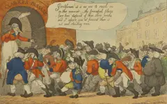 Thomas Rowlandson, Untitled, 'The Road to Preferment Through Clarke's Passage' hand-coloured etching
