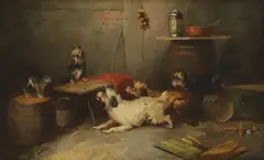George Armfield, Untitled, Terriers cornering a cat oil on canvas 30.5 x 51cm