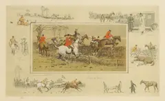 called 'Snaffles' Charles Johnson Payne, Untitled, 'A Point-to-Point' lithograph in colours with six vignettes of racing scenes