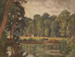 Untitled by Ethelbert White, Woodland lake clearing with three figures oil on canvas 40.5 x 51cm, sold Oct 2025