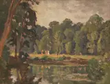 Ethelbert White, Untitled, Woodland lake clearing with three figures oil on canvas 40.5 x 51cm