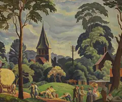 Untitled by Ethelbert White, Farmworkers and villagers in front of a church oil on canvas 48 x 58cm, sold Oct 2025