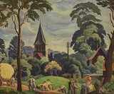 Ethelbert White, Untitled, Farmworkers and villagers in front of a church oil on canvas 48 x 58cm