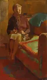... McKenna, Untitled, Lady seated in a red interior oil on board 53 x 32.5cm