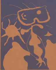 Untitled by Joan Miró, from XXe Siècle No. 4 (Dupin 40) linocut in blue on red wove, sold Oct 2025