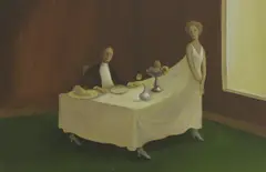 Untitled by Ronald Ferns, Dressing up for dinner oil on board 22.5 x 33cm, sold Oct 2025