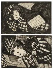 Untitled by Madge Gill, pen and ink on postcards 9 x 14cm, sold Oct 2025