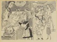 Untitled by Betty Swanwick, The Examination - an illustration from 'Hoodwinked' pen and ink 24 x 29cm, sold Oct 2025
