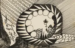Untitled by Madge Gill, pen and ink on a postcard 8.5 x 14cm, sold Oct 2025