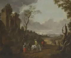Untitled by Jan Willemsz Lapp, A landscape with figures before classical ruins oil on canvas 34.5 x 41cm, sold May 2025