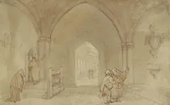 Untitled by Thomas Rowlandson, Monks in a cloister pen and ink and wash 12.5 x 19.5cm, sold May 2025