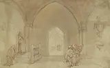Thomas Rowlandson, Untitled, Monks in a cloister pen and ink and wash 12.5 x 19.5cm