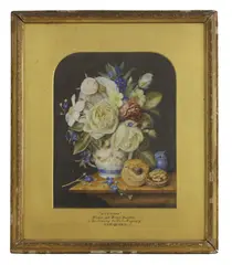 Augusta Innes Withers, Untitled, daffodils and primroses in a jug with fruit on a shelf watercolour and bodycolour