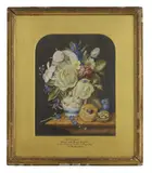Augusta Innes Withers, Untitled, daffodils and primroses in a jug with fruit on a shelf watercolour and bodycolour