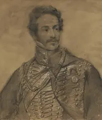 Untitled by Francis William Wilkin, wearing a Waterloo Medal charcoal and white chalk 64 x 55cm, sold May 2025